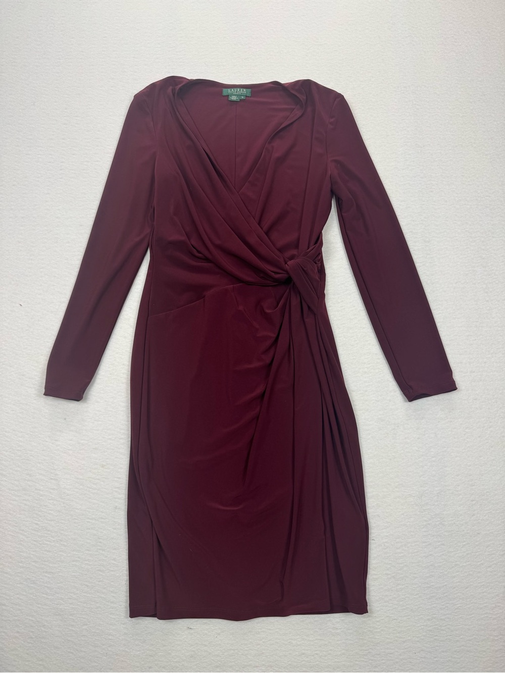 Lauren Ralph Lauren Burgundy Faux Wrap Side Twist Long Sleeve Dress Size 10